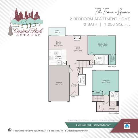 Floor plan for 2 beds, 2 baths, 1256 sqft
